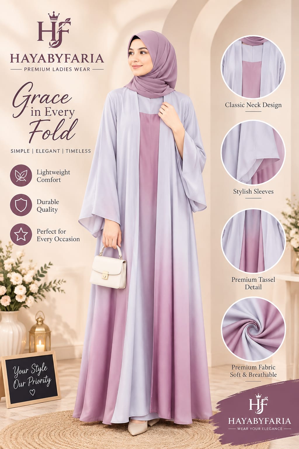 Lilac Pink Panel Abaya – Classic Neck Design | Haya by Faria
