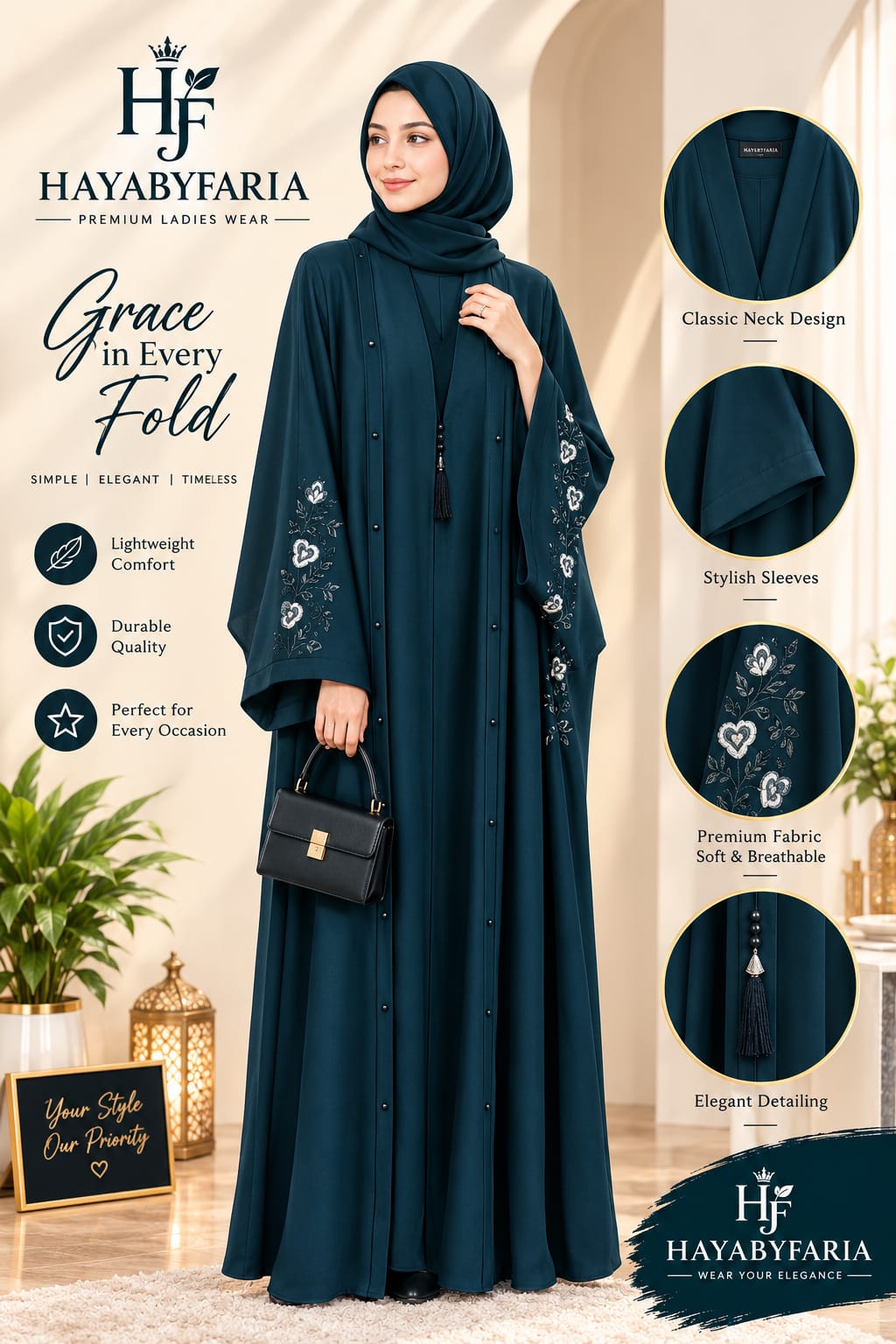 Deep Teal Embroidered Abaya – Classic Neck Design | Haya by Faria