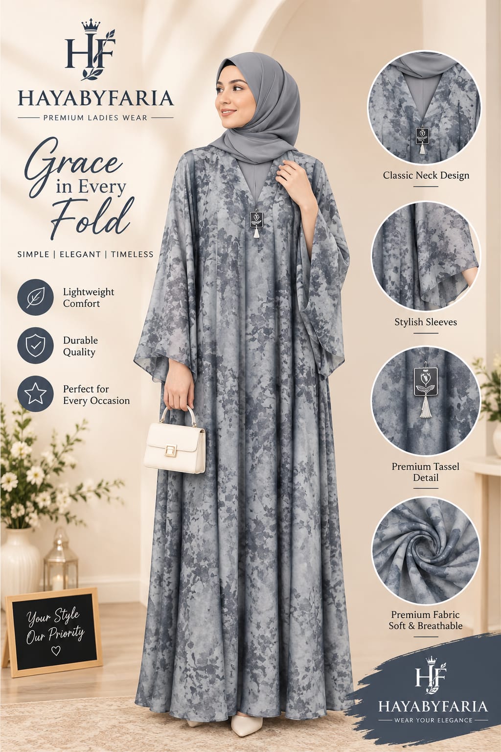 Slate Grey Printed Abaya – Classic Neck Design | Haya by Faria