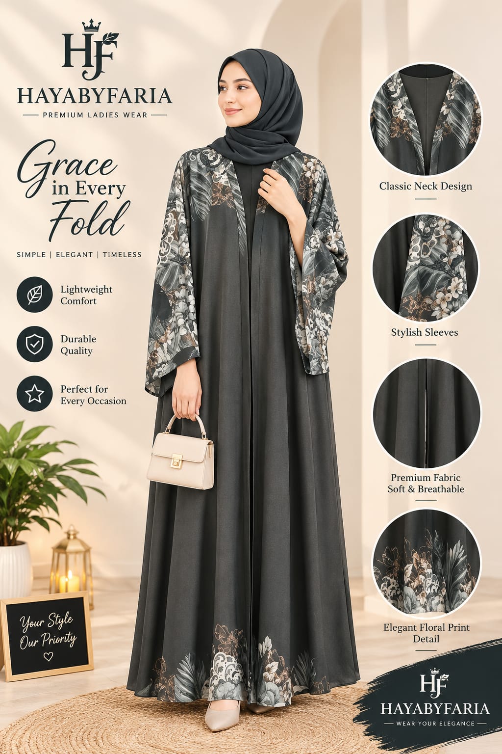 Charcoal Grey Floral Abaya – Classic Neck Design | Haya by Faria
