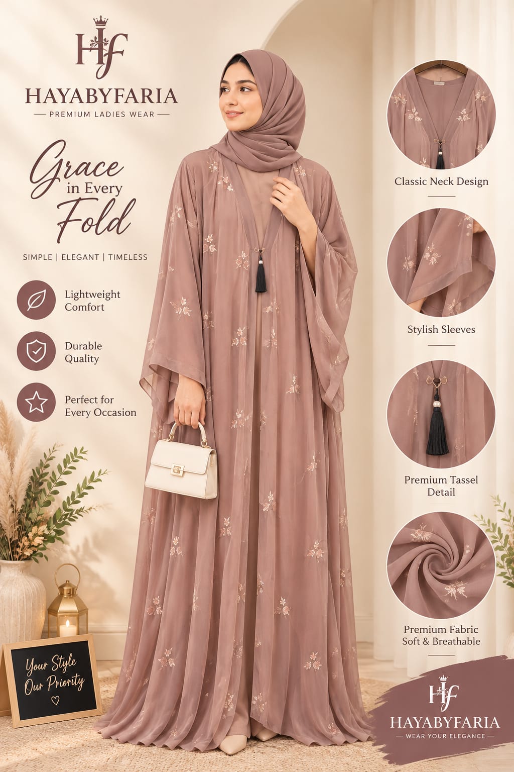 Dusty Rose Floral Embroidered Abaya – Premium Tassel | Haya by Faria