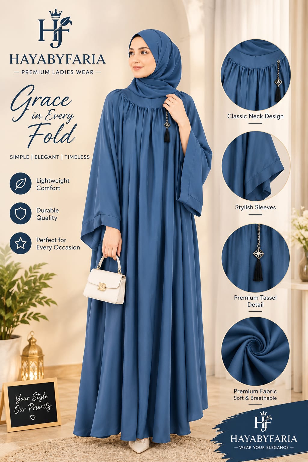 Steel Blue Abaya – Classic Neck Design | Haya by Faria