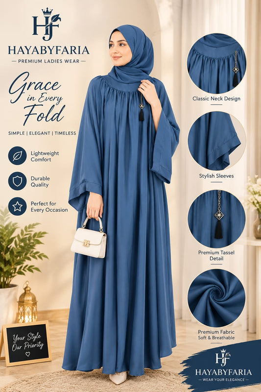 Steel Blue Abaya – Classic Neck Design | Haya by Faria