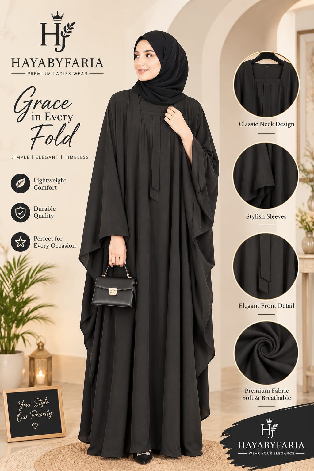 Classic Black Abaya – Elegant Front Detail | Haya by Faria