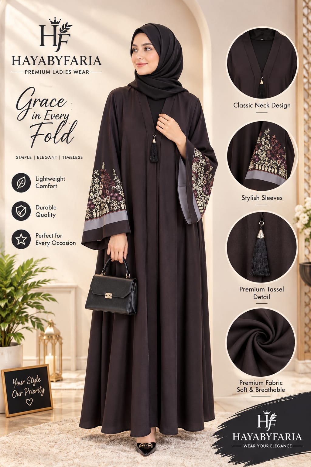 Dark Brown Abaya – Embroidered Sleeves | Haya by Faria