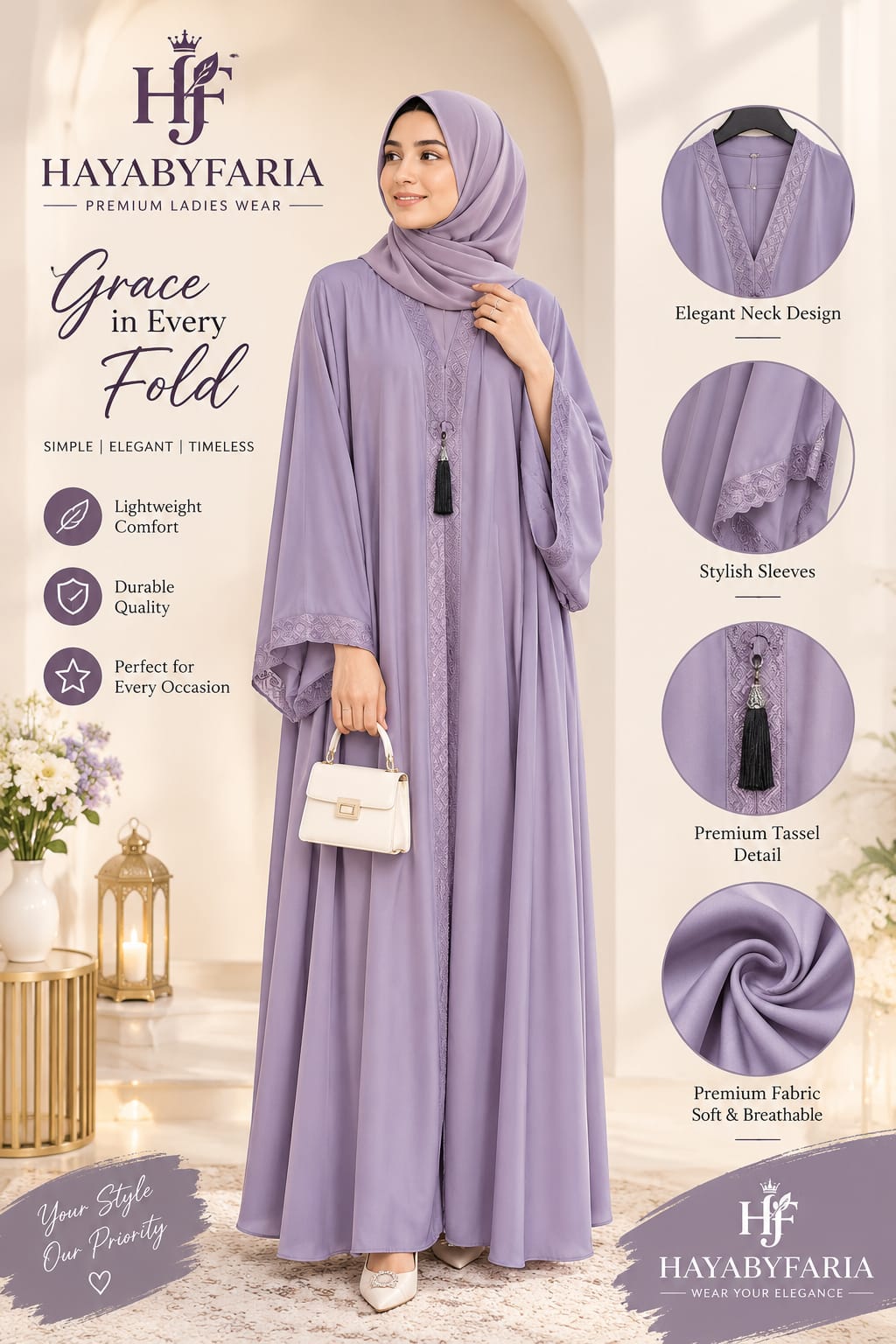 Lavender Embroidered Abaya – Classic Neck Design | Haya by Faria