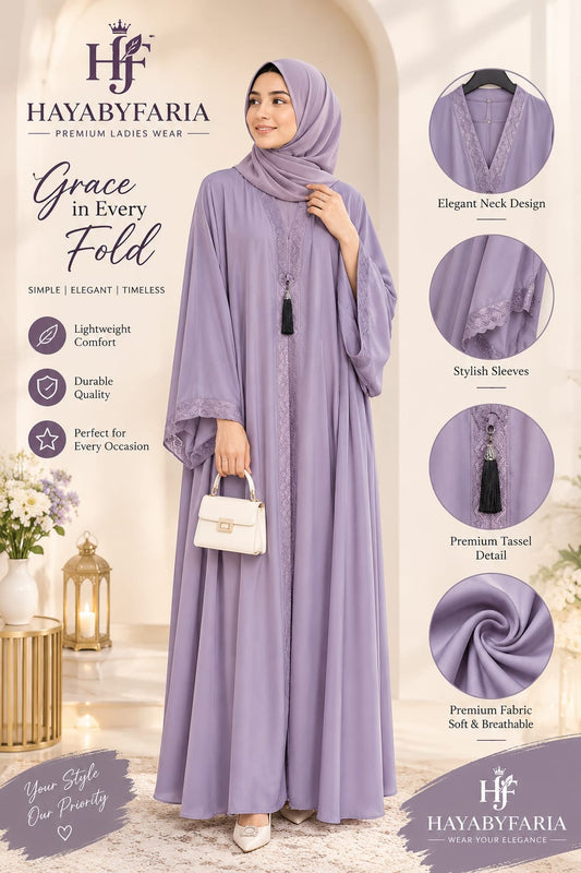 Lavender Embroidered Abaya – Classic Neck Design | Haya by Faria