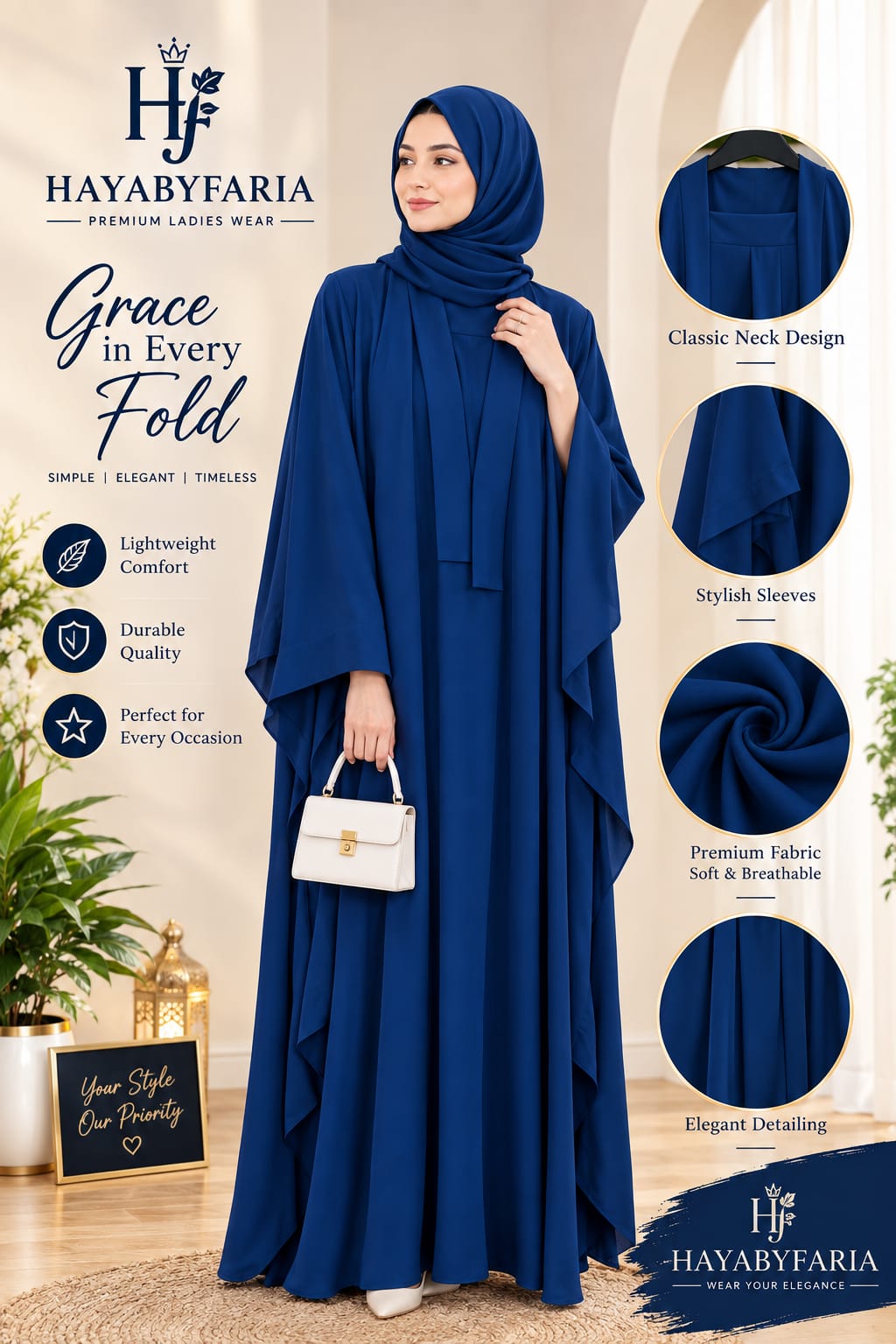 Navy Blue Abaya – Classic Neck Design | Haya by Faria