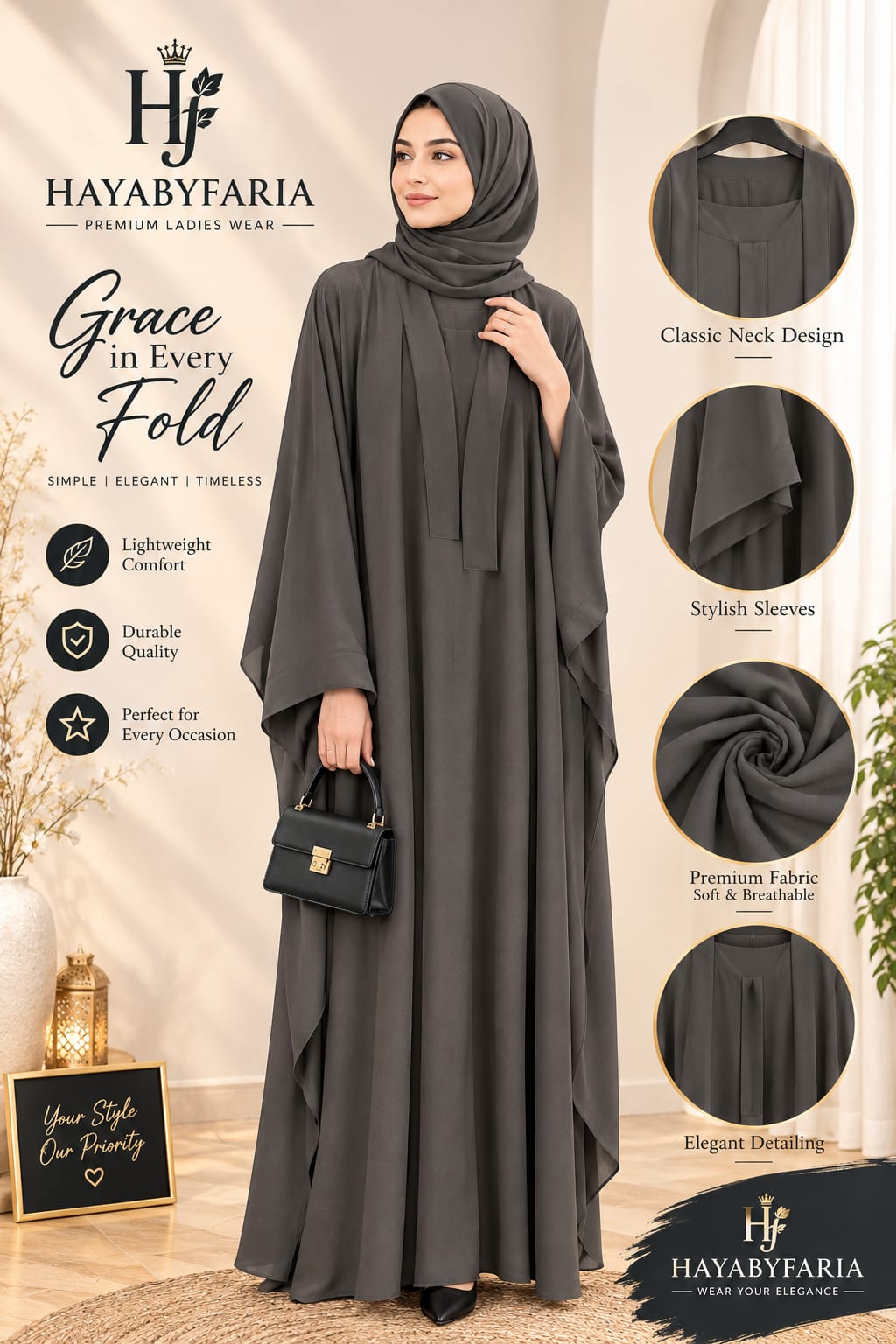 Charcoal Grey Abaya – Classic Neck Design | Haya by Faria