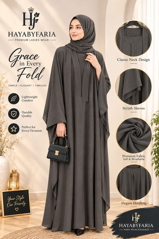 Charcoal Grey Abaya – Classic Neck Design | Haya by Faria