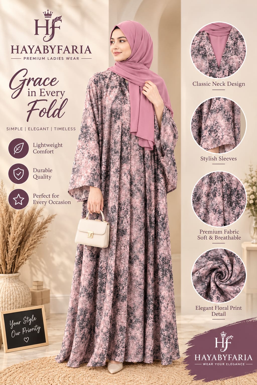 Blush Pink Printed Abaya – Classic Neck Design | Haya by Faria