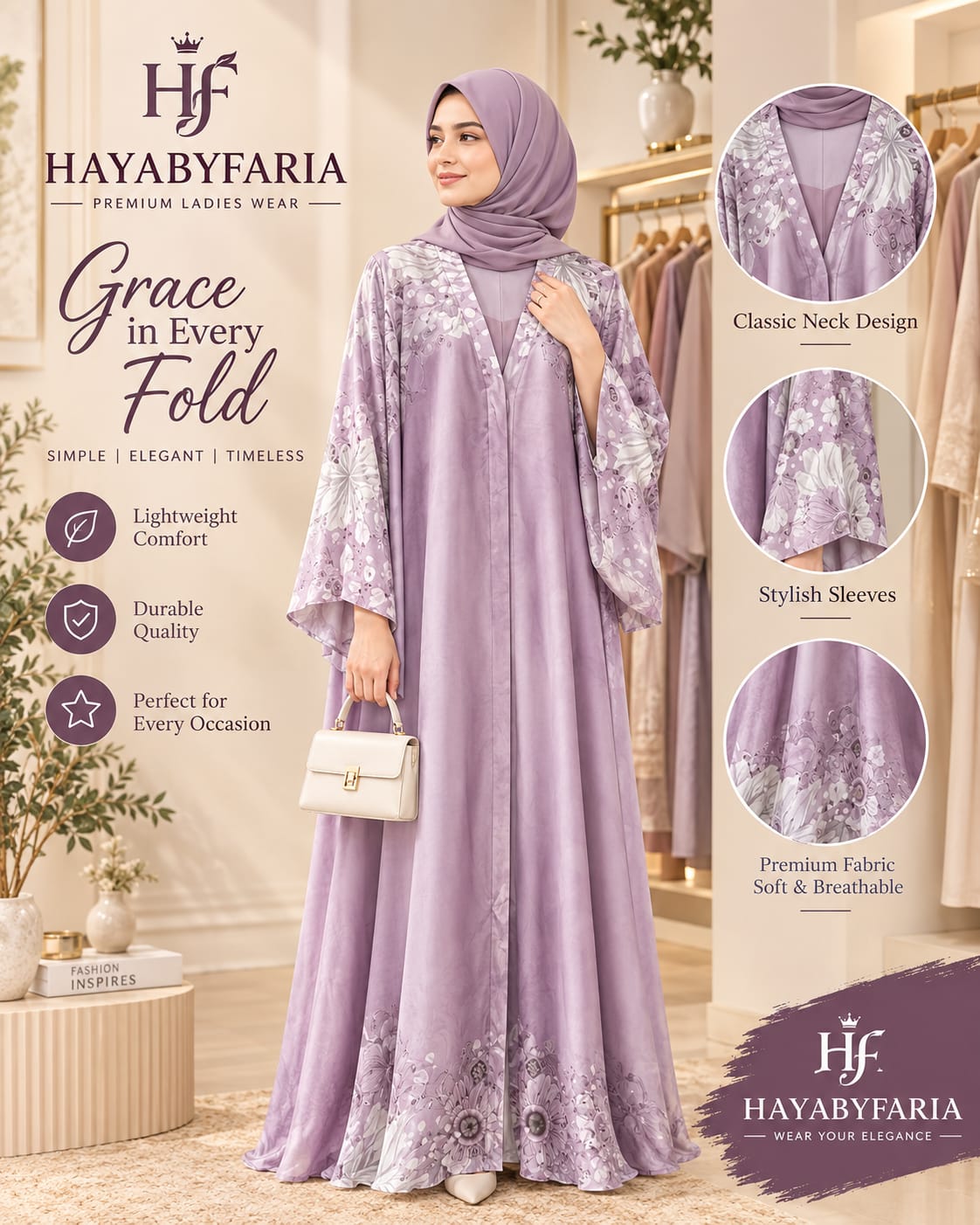 Lavender Abaya – Classic Neck Design with Floral Detailing | Haya by Faria