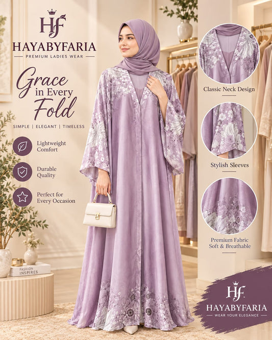 Lavender Abaya – Classic Neck Design with Floral Detailing | Haya by Faria